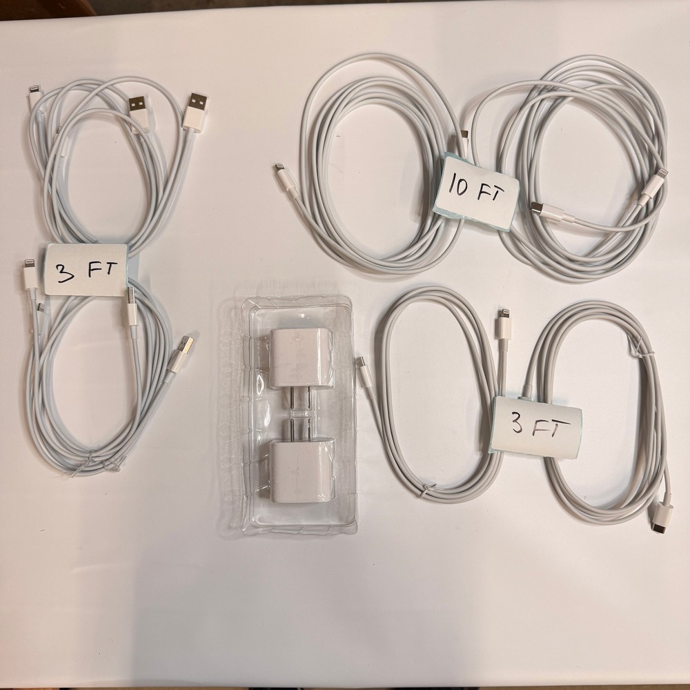 Set of 10 - 8 USB-C/A to Lightning Charging Cables 3ft 10ft, 2 Wall Adapters